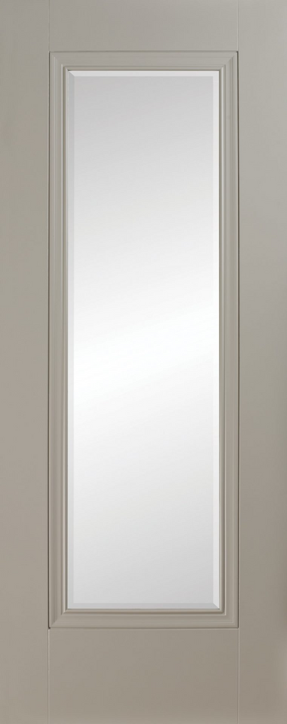 6'8" X 2'8" Prague Silk Grey Premium Primed Door - Clear Bev Glass