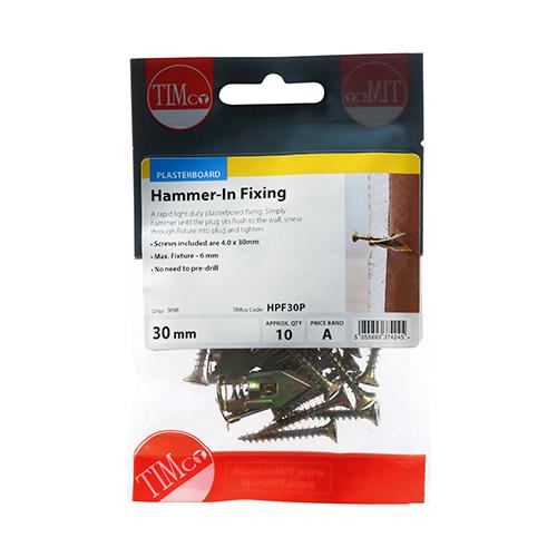 Pack (10) 4 X 30mm Timco Hammer-in Plasterboard Fixing