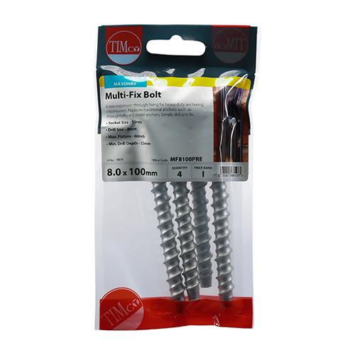 Pack (4) 8 X 100 Timco Multi-fix Bolt Hex Head