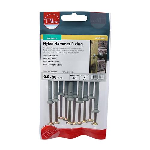 Pack 910) 6.0 X 80 Timco Nylon Hammer Fixing